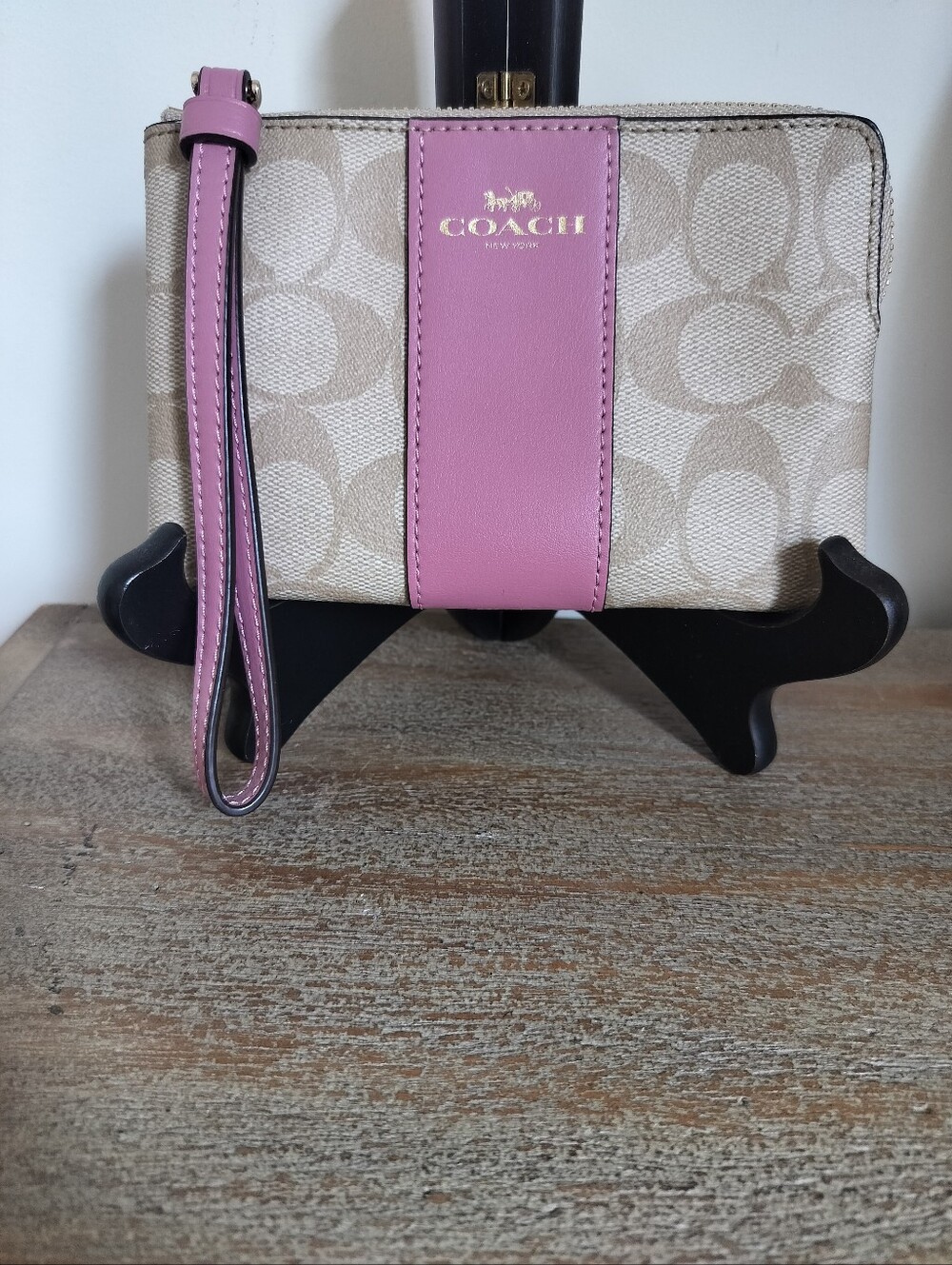 Coach Signature Canvas Wristlet with Pink Leather Accent